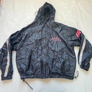 y2k FUBU jacket black nylon hooded coach button zip up XXL elastic toggle